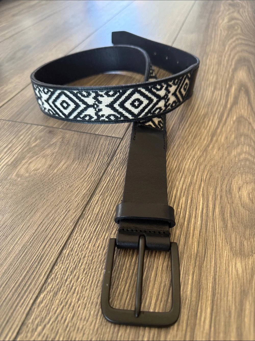 Lucky Brand Men’s 34 Black Leather Woven Southwestern Geometric Belt